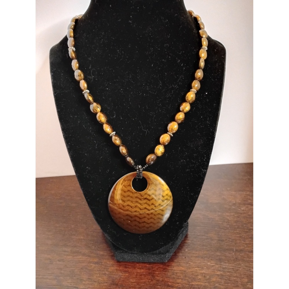Cookie Lee Tigers Eye Beaded Necklace Chevron Donut Pendant Brown Silver Tone